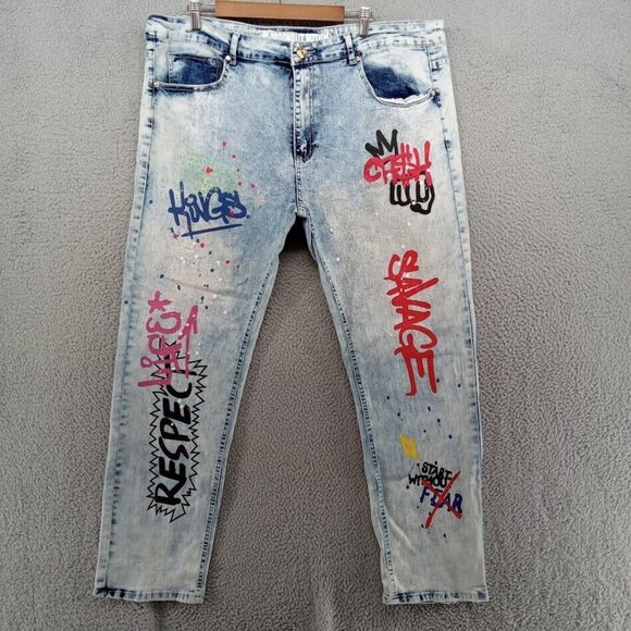 Argonaut Nation Jeans Mens 42x32 Blue Light Wash Painted Graffiti Baggy‎ Y2K - Picture 1 of 14